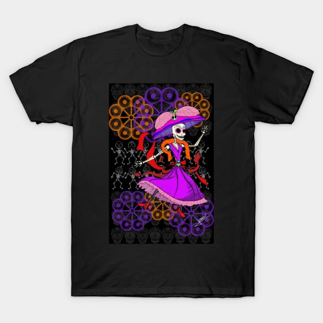 lovely catrina in mexican dancing in the day of the dead T-Shirt by jorge_lebeau